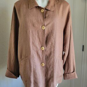 Flax 100% Linen Stepping Up MEDIUM Jacket Button Collar Welted Pockets Brown